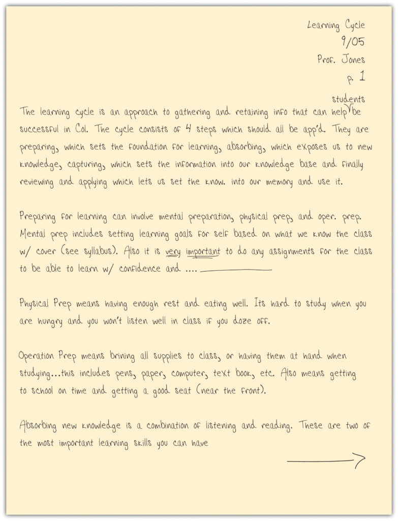 A piece of paper showing the list method of note taking. Text is organized in to five large chunks of text.